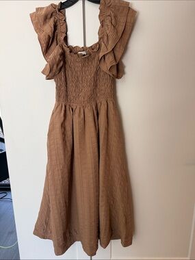 MIOU MUSE Ruffled sleeve Smocked Midi Dress Brown/ Tan Color Size Small